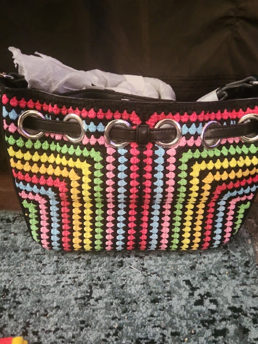 Karl Lagerfeld Black Multicolor Crochet Tote with Charm With Dust Bag - Picture 3 of 4